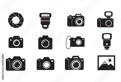 Camera icon set in black silhouette style on white background. Collection of photography symbols including DSLR, compact camera, flash, aperture, and photo frame. Simple flat vector design for logo, a