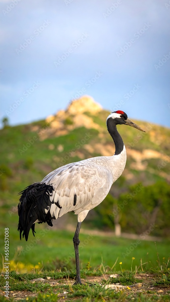 Fototapeta premium Crane in field against hills