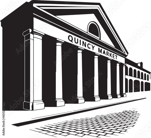Historic Quincy Market building with classic columns and cobblestones