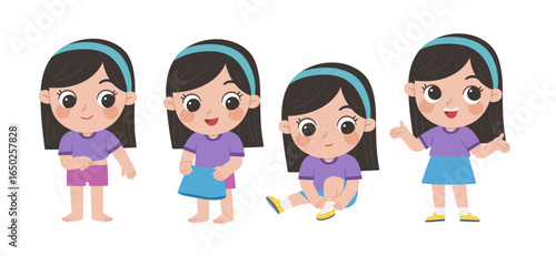  Cute little girl getting dressed step by step with happy smile in morning routine. Child learning to dress herself step by step, promoting independence and self-care skills.