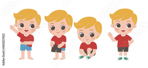  Cute little boy getting dressed step by step with happy smile in morning routine. Child learning to dress himself step by step, promoting independence and self-care skills.