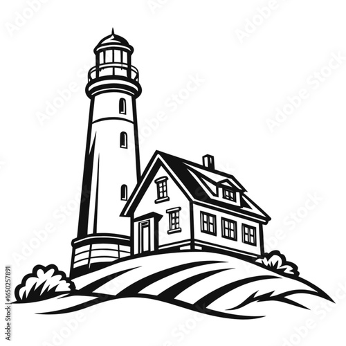 Hand-Drawn Lighthouse with a Traditional Cottage on a Landscape
