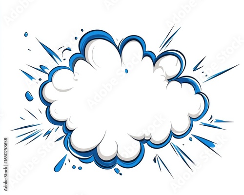 A vibrant, cartoon-style explosion graphic. A fluffy white cloud-like center is surrounded by blue and white dynamic lines and teardrop shapes, suggesting energy and impact. White background