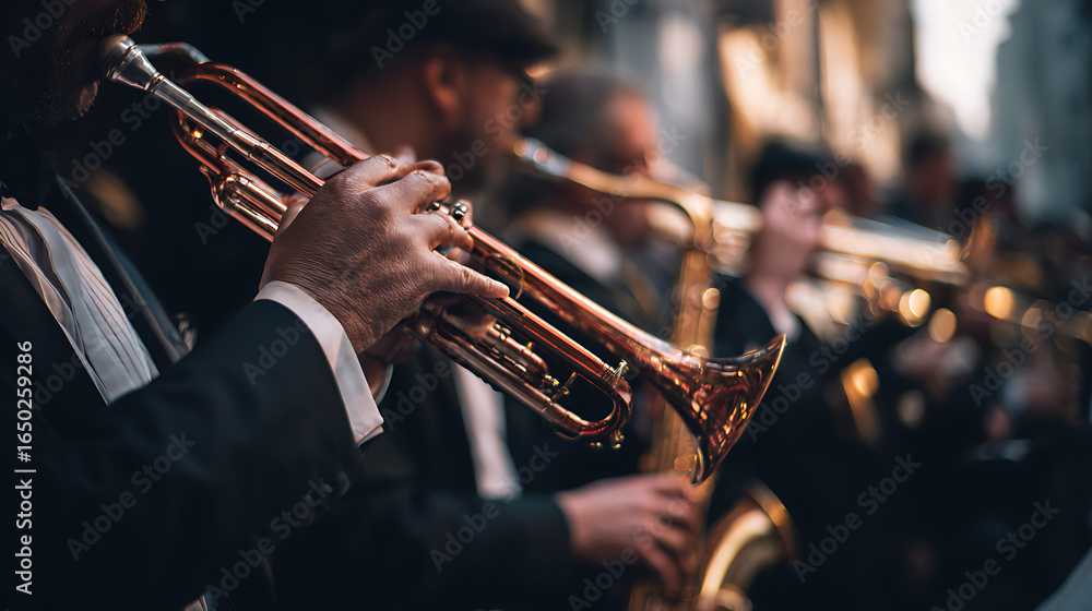 Obraz premium Musicians in a band harmonizing their instruments during a performance