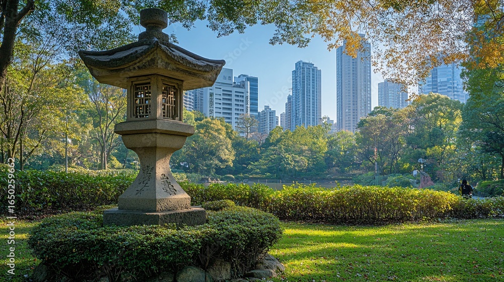 Obraz premium Tranquil Zen Garden with City Skyline and Lush Greenery