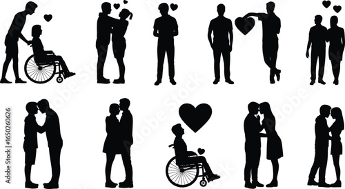 Silhouettes of couples and individuals showing love, romance, affection, inclusivity with wheelchair users, hearts symbolizing relationships, emotional connection, creative design reference