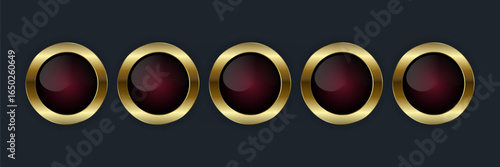 Collection of five premium Luxury circle metalic shiny red buttons. Five symbols design for web UI, set of Digital circle Icons