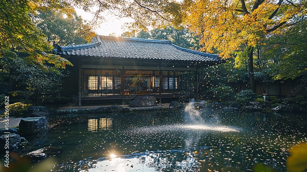 Fototapeta premium Tranquil Japanese Garden with Classic Architecture and Water Feature