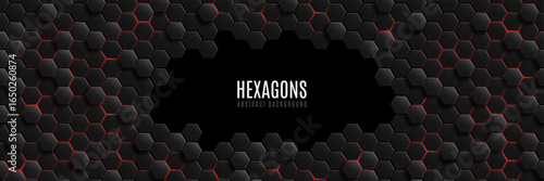 Futuristic glowing 3D black hexagons with red neon highlights. Hi-tech banner design for technology presentation, digital gaming interfaces or scientific background. Vector illustration.