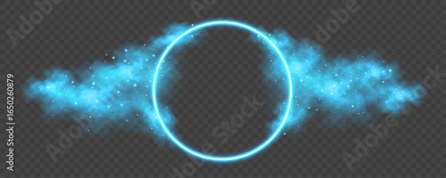 Glowing neon round frame with blue fog effect and sparkling magical particles on transparent background. Abstract design for fantasy concept, stylish banners or modern visuals. Vector illustration.