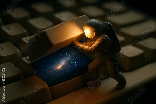 Creative concept of a miniature astronaut discovering the universe under a keyboard spacebar
