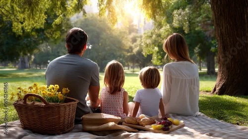 Family Enjoying Picnic Under Trees in Sunny Green Park