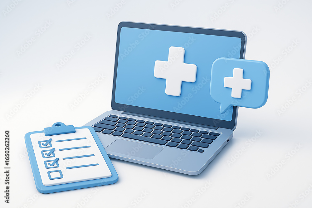 Illustration Graphic in 3D Design Style and Health Sign, Check Mark & Laptop Illustration Graphic in 3D Design Style and Health Sign, Check Mark & Laptop