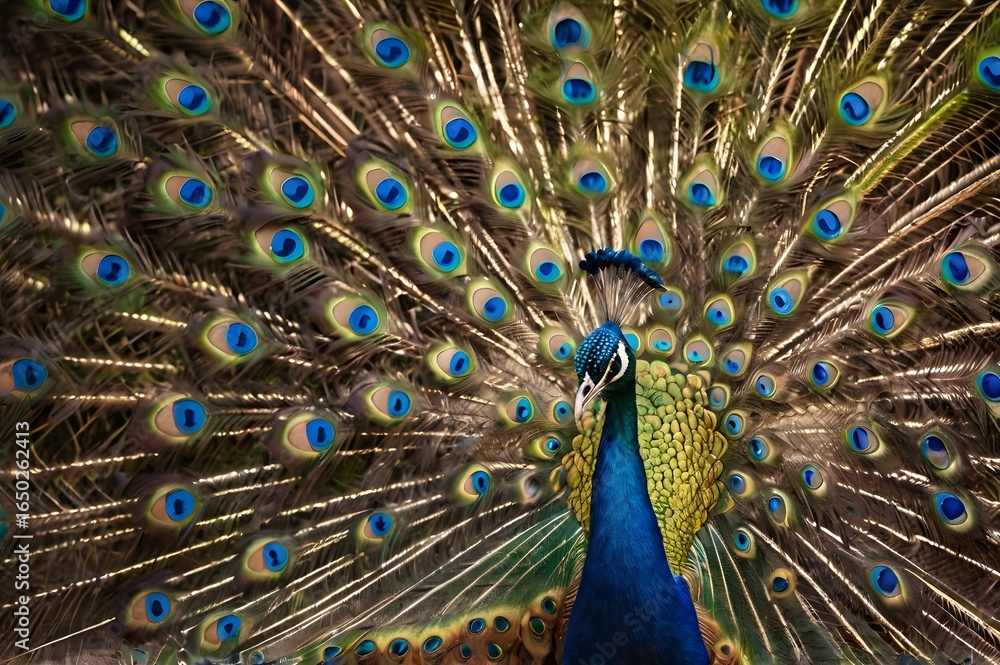 Fototapeta premium Stunning peacock displays vibrant plumage in radiant full fan with mesmerizing iridescent colors