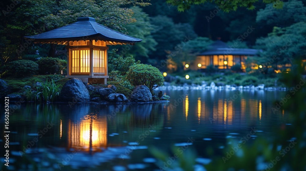 Fototapeta premium Serene Japanese Garden with Lanterns Reflected in Calm Water