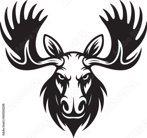 Stylized black and white illustration of a fierce moose head with large antlers vector