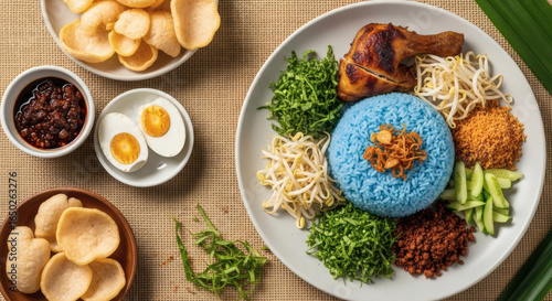 Nasi Kerabu – Authentic Kelantan, Malaysia Blue Rice Dish, Cinematic Top-Down