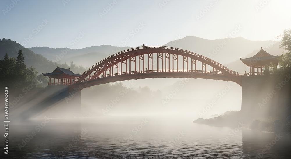Naklejka premium Red Traditional Asian Style Arch Bridge with Pavilions Over Misty River at Sunrise