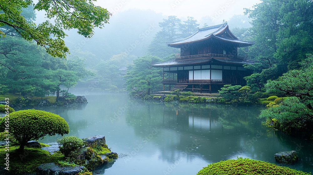 Fototapeta premium Serene Misty Garden with Traditional Pavilion and Peaceful Water Reflection