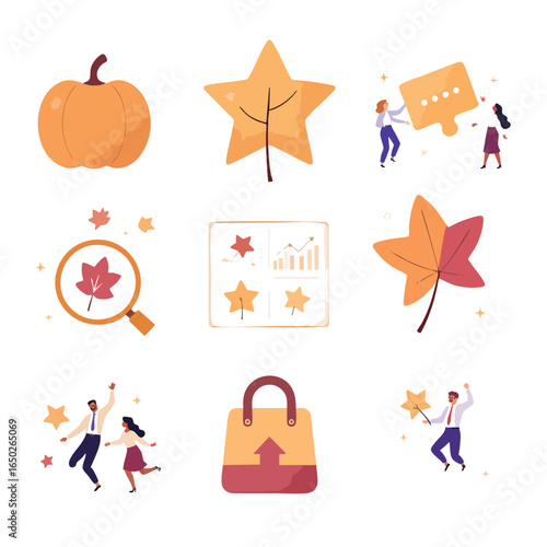 Various autumn icons including leaves, pumpkin, data charts and people interacting, create a fall themed design Perfect for seasonal content.