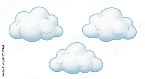 Three fluffy white cartoon clouds with blue shading, isolated against a white background.