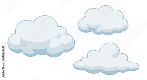 Three cartoon clouds, puffy and white, are depicted against a clean white background, showcasing a simple, airy illustration.