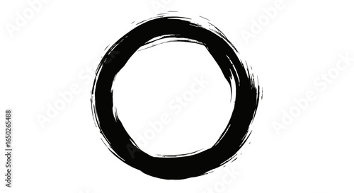 A black, roughly painted circle or Enso symbol, created with brushstrokes, isolated on a white background.