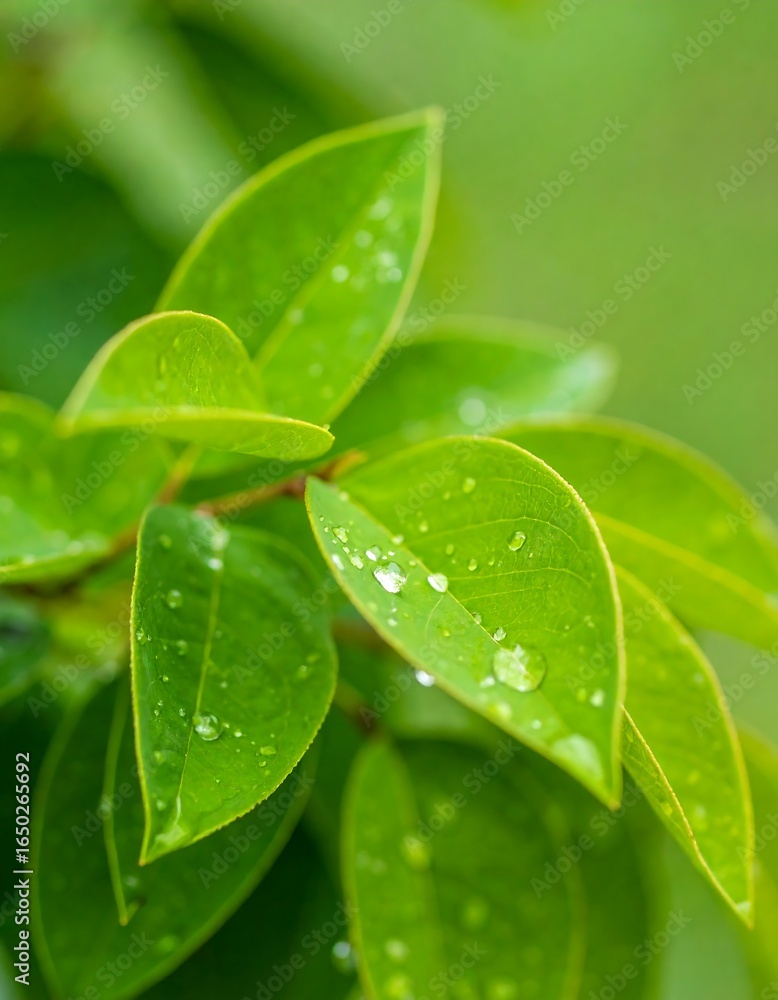 Fototapeta premium Fresh green leaves with water droplets (1)