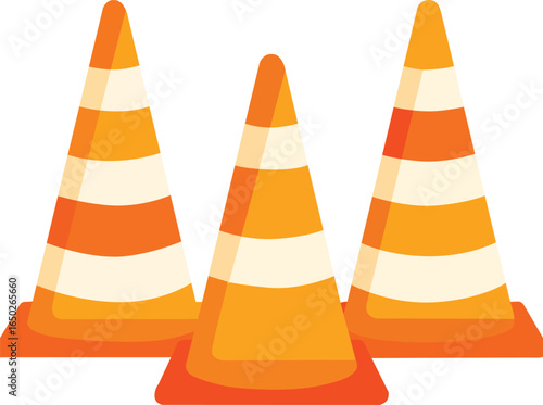 Set of orange traffic cones with white stripes, safety equipment for road construction, highway warning sign, accident prevention tool, urban maintenance, transportation control and barrier symbol
