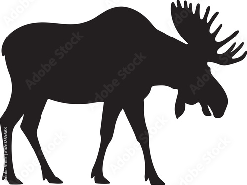 Black Silhouette of a Moose with Large Antlers on White Background animal wildlife