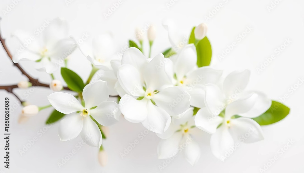 Obraz premium Pure white jasmine blossoms on stark white background, delicate petals, fragrant blooms, background, plant