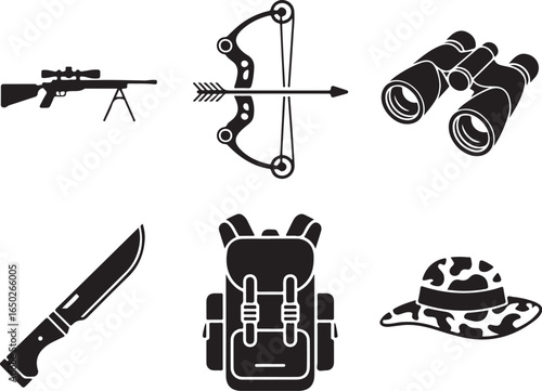 Hunt gear essentials: rifle, bow, binoculars, knife, pack, hat