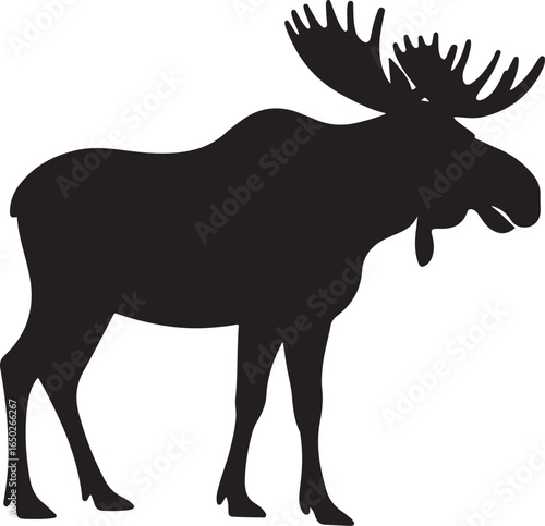 Black silhouette of a large moose with impressive antlers on a white background animal wildlife