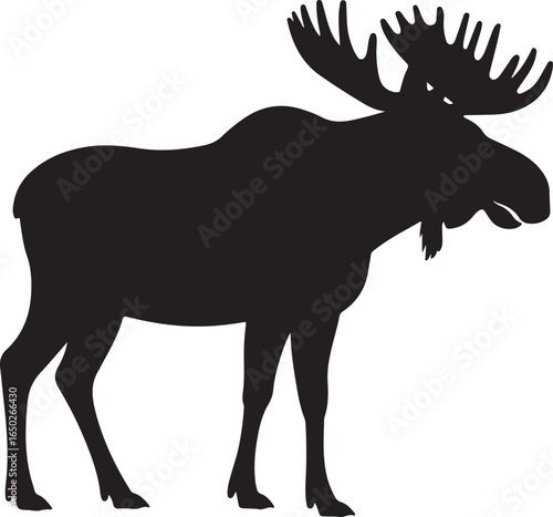 Black silhouette of a large moose with impressive antlers on a white background animal wildlife
