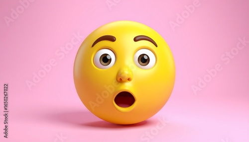 Yellow emoji face with raised eyebrows, wide eyes, and open mouth, expressing shock or surprise. Set against a solid pink background, creating bold emotional contrast.