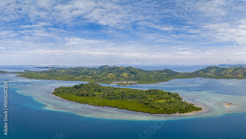 Scenic aerial panorama aerial drone picture of Siargao island with Bancuyo and East Bucas Island, Dapa, Surigao den Norte, Mindanao, Philippines