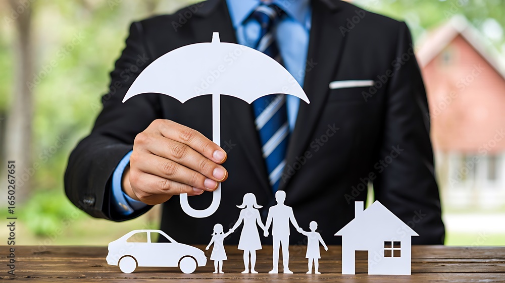 © Billing  - Businessman holding umbrella protecting family car and house icons representing insurance concept