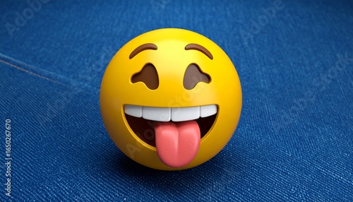 Yellow emoji pin with smiling face, closed eyes, wide mouth, teeth, and tongue out. Water droplets on surface, pinned to textured blue denim fabric.