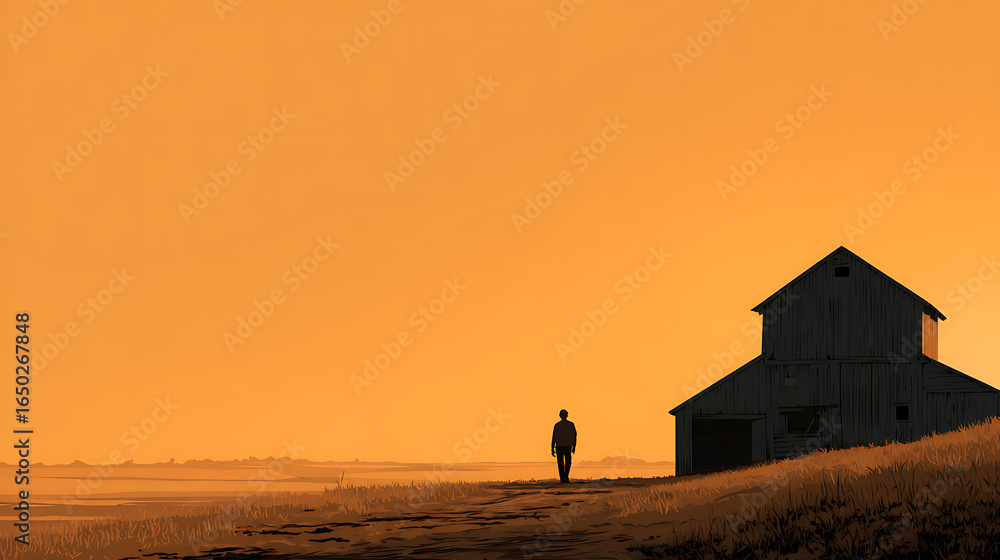 Obraz premium A farmer stepping back to look at a finished barn against a golden sunset (3)