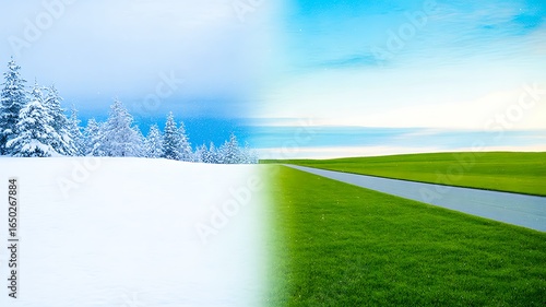 Fototapeta Naklejka Na Ścianę i Meble -  Season change landscape with snowy winter trees and green summer grass field  
