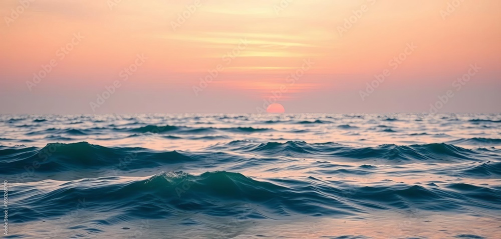 Obraz premium Soft pastel sunrise hues paint the sky above gentle, serene ocean waves, serenity, sun