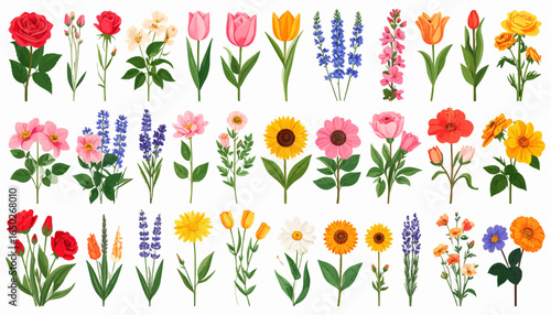 A vibrant collection of assorted garden flowers arranged in rows. Flat vector illustration set.