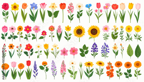 A vibrant flat vector illustration set of assorted blooming garden flowers in neat rows.