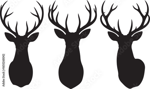 Three Black Silhouette Deer Heads with Antlers on White Background animal