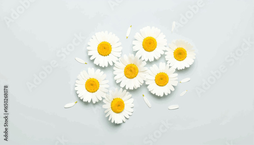 Six fresh white daisy flowers with bright yellow centers scattered on a clean pale background