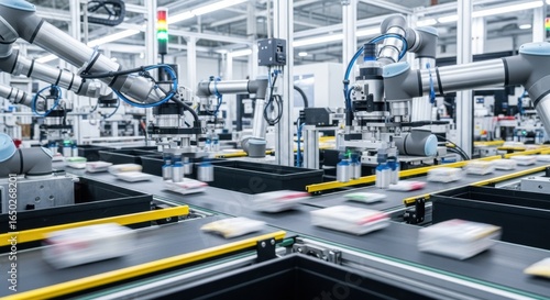 Automated Robotic Arms Orchestrating Product Movement on a High-Tech Assembly Line