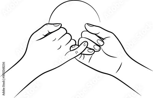 Two hands making pinky promise, friendship trust symbol, love commitment gesture, loyalty and bond illustration, relationship agreement sign, flat vector illustration