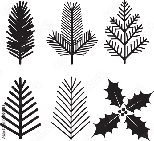 Evergreen branches and holly leaves pine needles fir branches