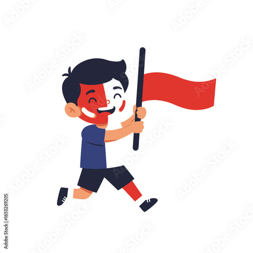 Joyful cartoon boy with red and white face paint running while holding a national flag.
