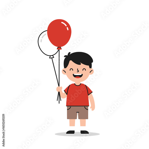 Joyful cartoon boy with black hair and a happy smile holding a red and white balloon.